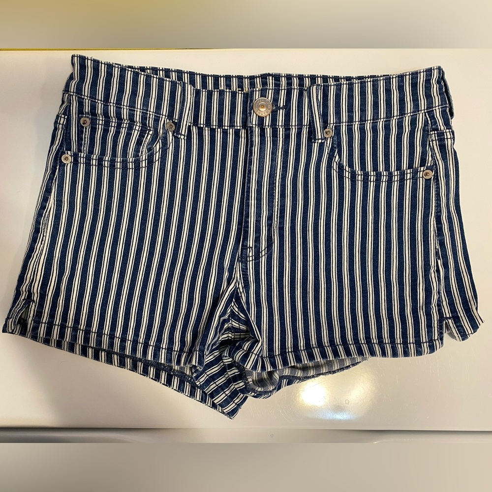 American Eagle Hi Rise Shortie Striped Denim Jean Women’s Shorts Size 10